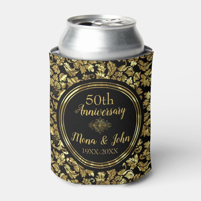 Elegant Black & Gold 50th Wedding Anniversary Can Cooler (Can Front)