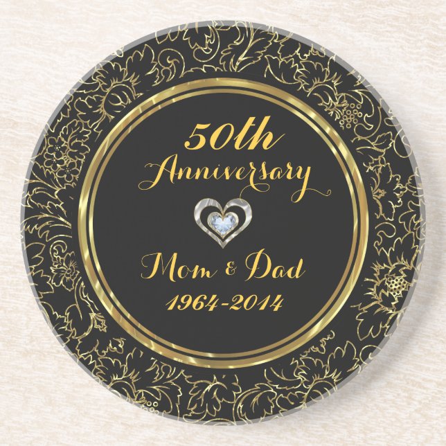 Elegant Black & Gold 50th Wedding Anniversary Coaster (Front)