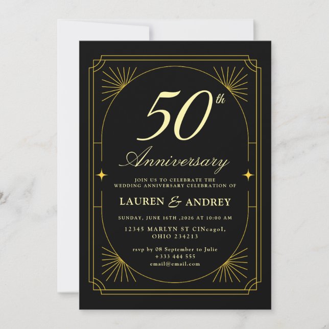 Elegant Black & Gold 50th Wedding Anniversary Invitation (Front)