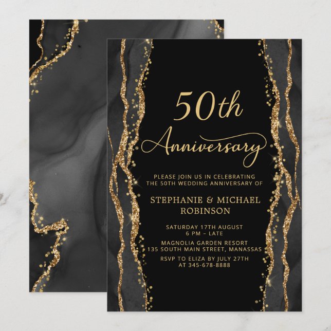 Elegant Black Gold 50th Wedding Anniversary Invitation (Front/Back)