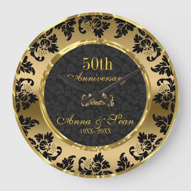 Elegant Black & Gold 50th Wedding Anniversary Large Clock (Front)