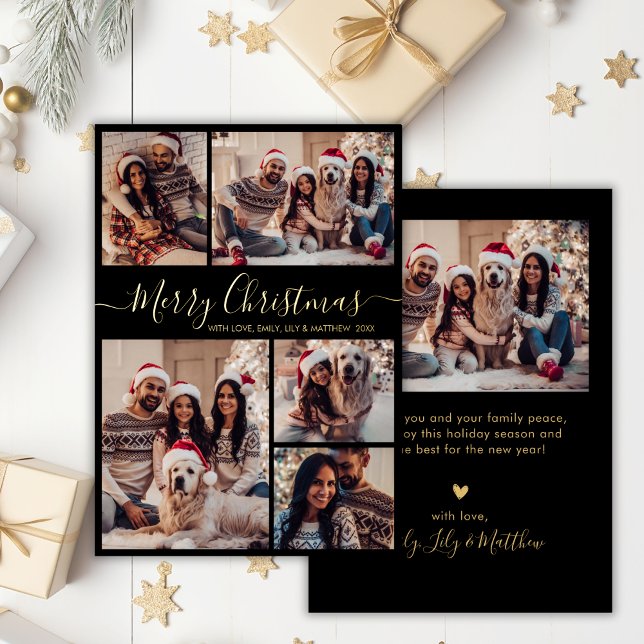 Elegant Black Gold 5 Photo Collage Christmas  (Creator Uploaded)