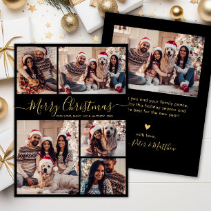 Elegant Black Gold 5 Photo Collage Christmas  Holiday Card