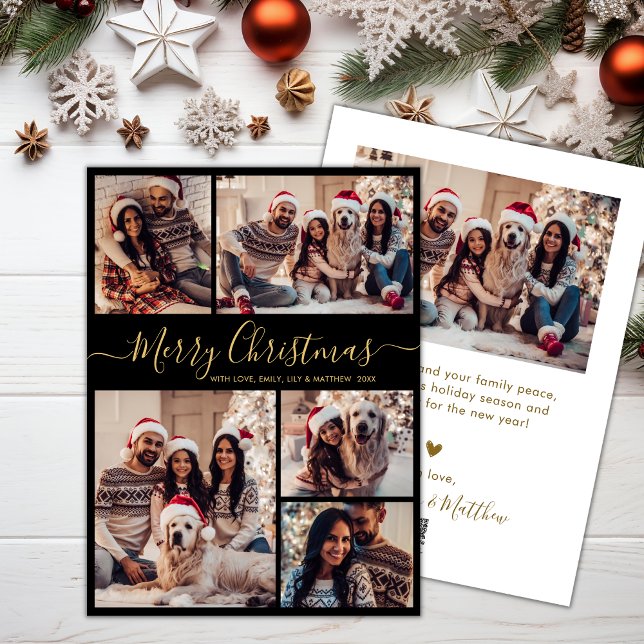 Elegant Black Gold 5 Photo Collage Christmas  Holiday Card (Creator Uploaded)