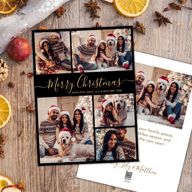 Elegant Black Gold 5 Photo Collage Christmas  Holiday Card (Creator Uploaded)