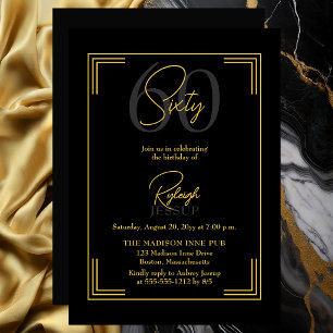 Elegant Black Gold 60th Birthday Art Deco Party Invitation