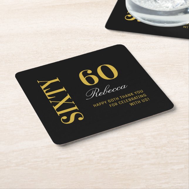 Elegant Black & Gold 60th Birthday Cocktail Party  Square Paper Coaster (Angled)