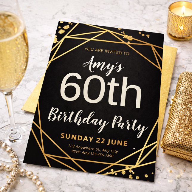 Elegant Black & Gold 60th Birthday Party Invitation (Elegant Black & Gold 60th Birthday Party Invitation, 60th Birthday Women)