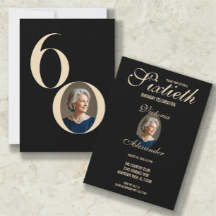 Elegant Black Gold 60th Birthday Photo Invitation