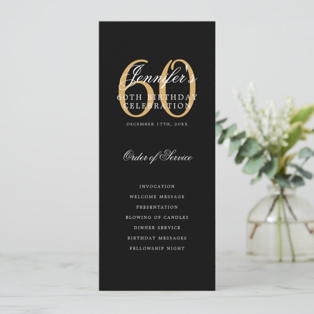 Elegant Black Gold 60th Birthday Program w/ Menu Invitation (Standing Front)