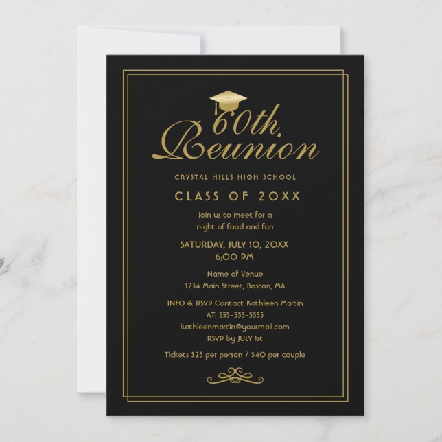 Elegant Black Gold 60th Class Reunion Invitation (Front)