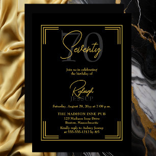 Elegant Black Gold 70th Birthday Art Deco Party Invitation