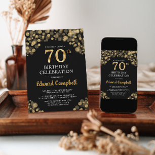 Elegant Black & Gold 70th Birthday Invitation