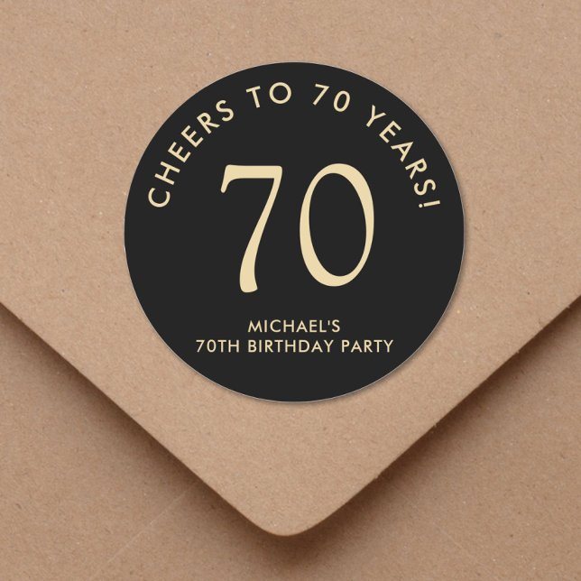 Elegant Black Gold 70th Birthday Party Classic Round Sticker (Creator Uploaded)