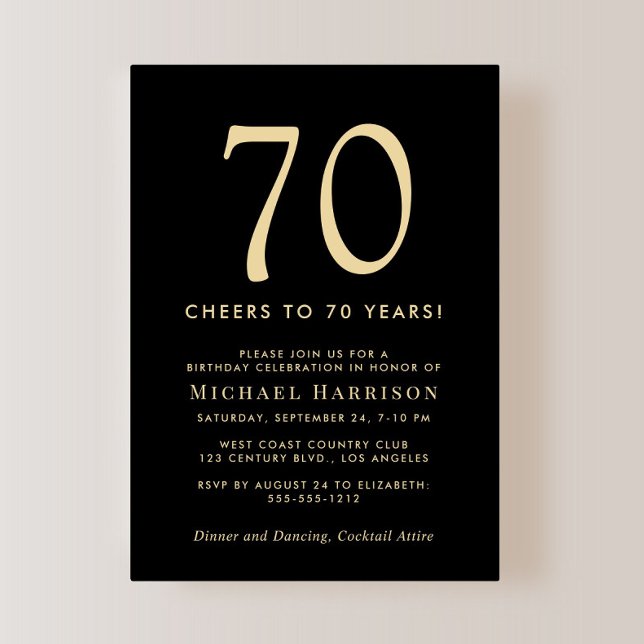 Elegant Black Gold 70th Birthday Party Invitation (Creator Uploaded)