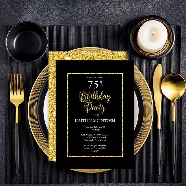 Elegant Black Gold 75th Birthday Party Invitation (Elegant Black and Faux Gold Butterflies 75th Birthday Party  Party Invitation - Print | Digital )
