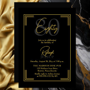 Elegant Black Gold 80th Birthday Art Deco Party Invitation
