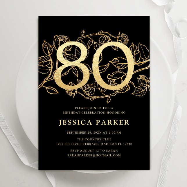 Elegant Black Gold 80th Birthday Invitation (Creator Uploaded)