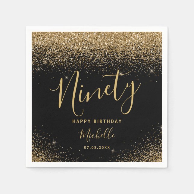 Elegant Black Gold 90th Birthday Glitter Name Napkin (Front)