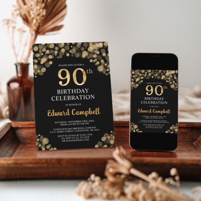 Elegant Black & Gold 90th Birthday Invitation (Creator Uploaded)