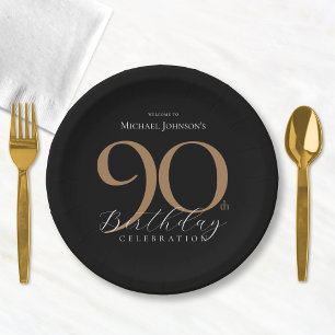 Elegant Black Gold 90th Birthday Party Paper Plate