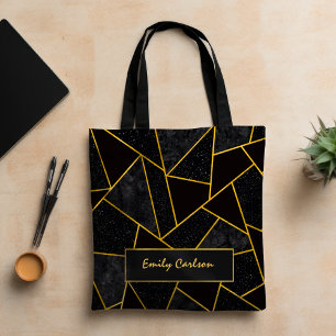 Elegant black gold abstract geometric tote bag
