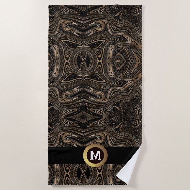 Elegant black gold abstract swirl monogram beach towel (Front)
