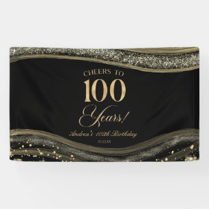 Elegant Black Gold Agate 100th Birthday Party Banner