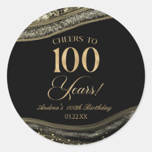 Elegant Black Gold Agate 100th Birthday Party Classic Round Sticker