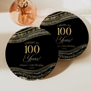 Elegant Black Gold Agate 100th Birthday Party Paper Plate