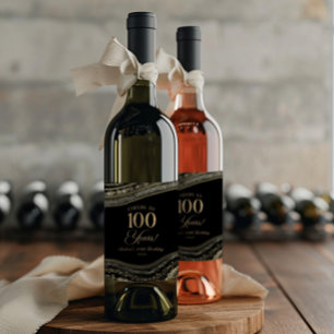 Elegant Black Gold Agate 100th Birthday Party Wine Label