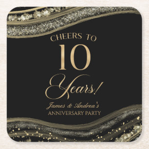 Elegant Black Gold Agate 10th Anniversary Party Square Paper Coaster
