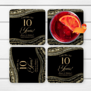 Elegant Black Gold Agate 10th Anniversary Party Square Paper Coaster