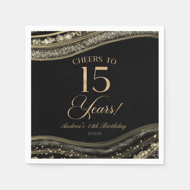 Elegant Black Gold Agate 15th Birthday Party Napkin (Front)