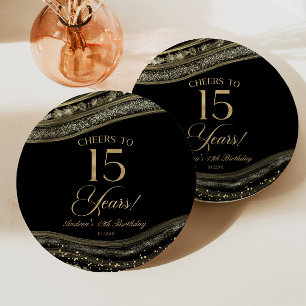 Elegant Black Gold Agate 15th Birthday Party Paper Plate