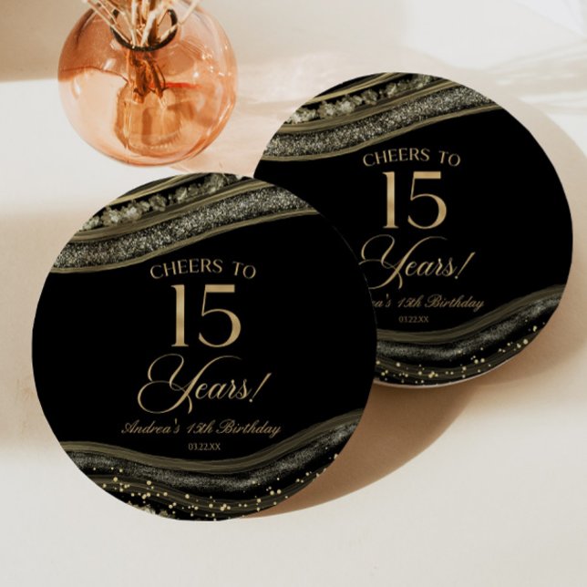 Elegant Black Gold Agate 15th Birthday Party Paper Plate (Creator Uploaded)