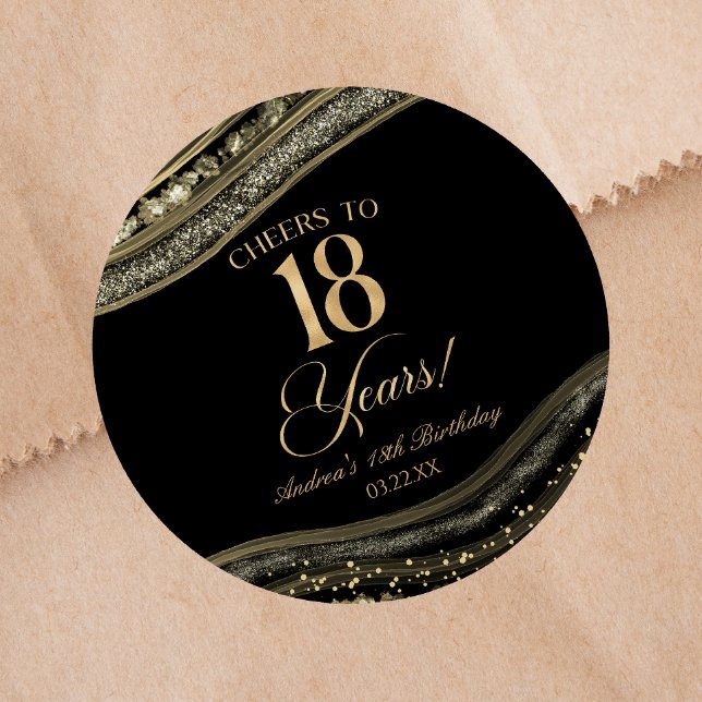 Elegant Black Gold Agate 18th Birthday Party Classic Round Sticker (Creator Uploaded)