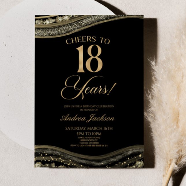 Elegant Black Gold Agate 18th Birthday Party Invitation (Creator Uploaded)