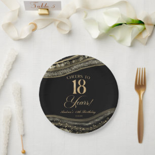 Elegant Black Gold Agate 18th Birthday Party Paper Plate