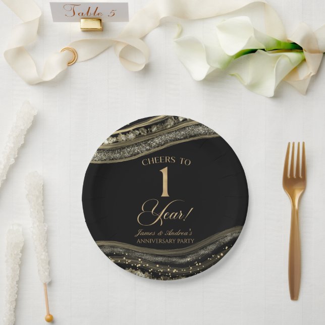 Elegant Black Gold Agate 1st Anniversary Party Paper Plate (Wedding)