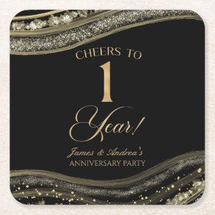 Elegant Black Gold Agate 1st Anniversary Party Square Paper Coaster