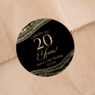 Elegant Black Gold Agate 20th Birthday Party Classic Round Sticker