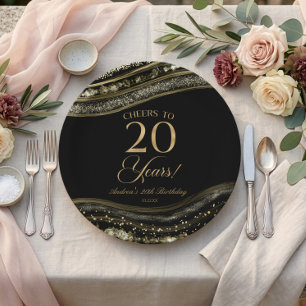 Elegant Black Gold Agate 20th Birthday Party Paper Plate