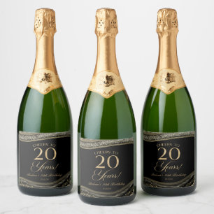 Elegant Black Gold Agate 20th Birthday Party Sparkling Wine Label