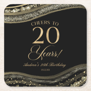 Elegant Black Gold Agate 20th Birthday Party Square Paper Coaster