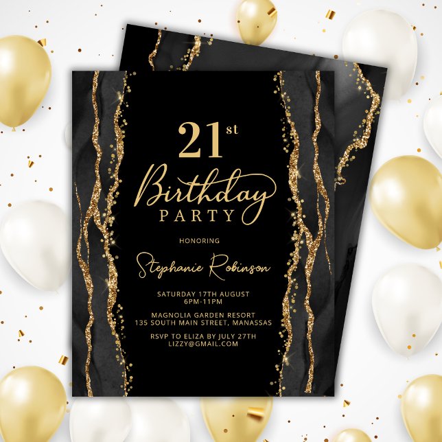 Elegant Black Gold Agate 21st Birthday Invitation (Creator Uploaded)