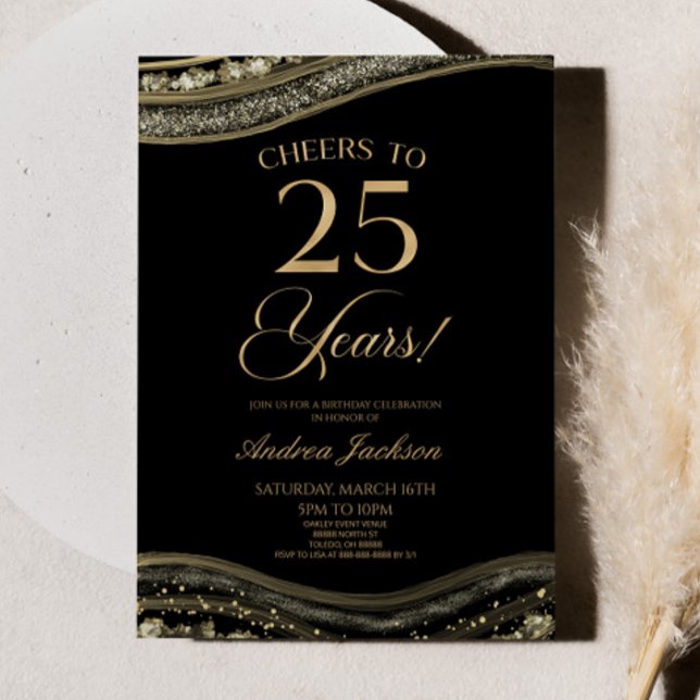 Elegant Black Gold Agate 25th Birthday Party Invitation (Creator Uploaded)