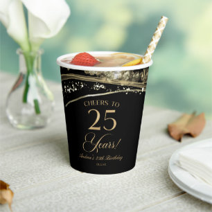 Elegant Black Gold Agate 25th Birthday Party Paper Cups