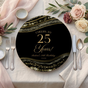 Elegant Black Gold Agate 25th Birthday Party Paper Plate