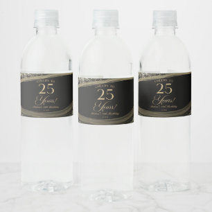 Elegant Black Gold Agate 25th Birthday Party Water Bottle Label
